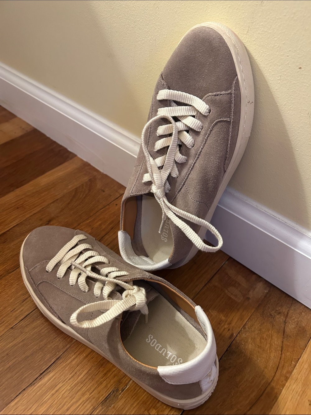 Soludos Women’s Taupe Suede Platform Low-Top Sneakers with Cream Laces